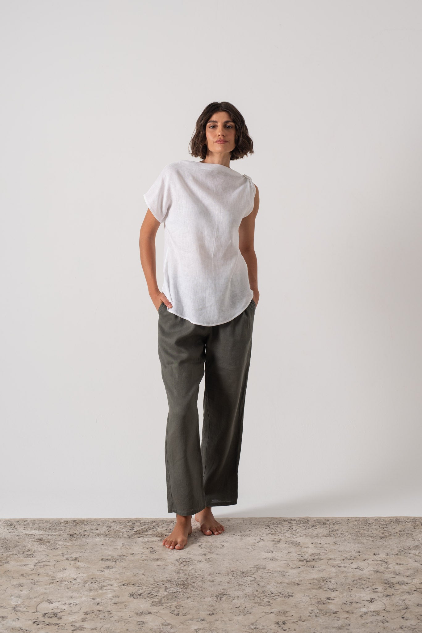 Asymmetrical Linen Knot Top White Luxmii