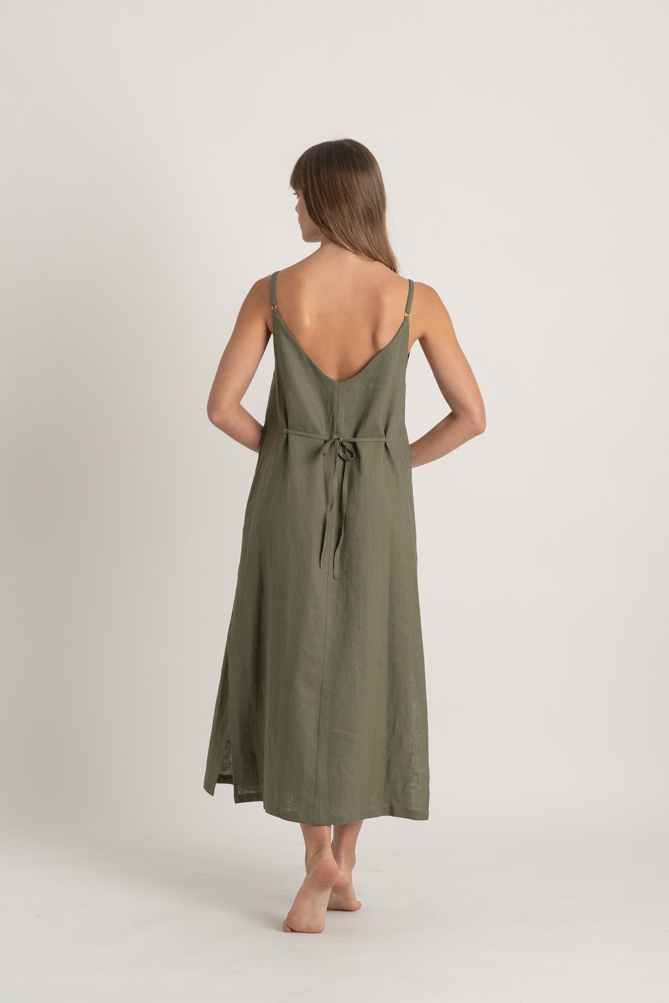 Basique Linen Slip Dress Khaki Luxmii