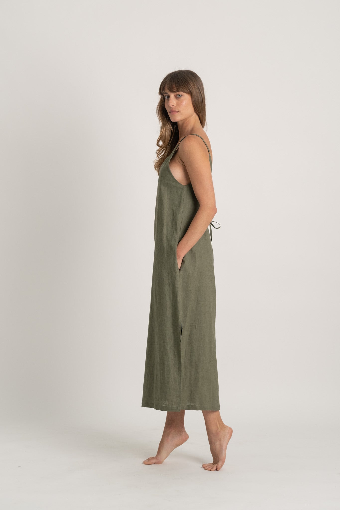 Basique Linen Slip Dress Khaki Luxmii