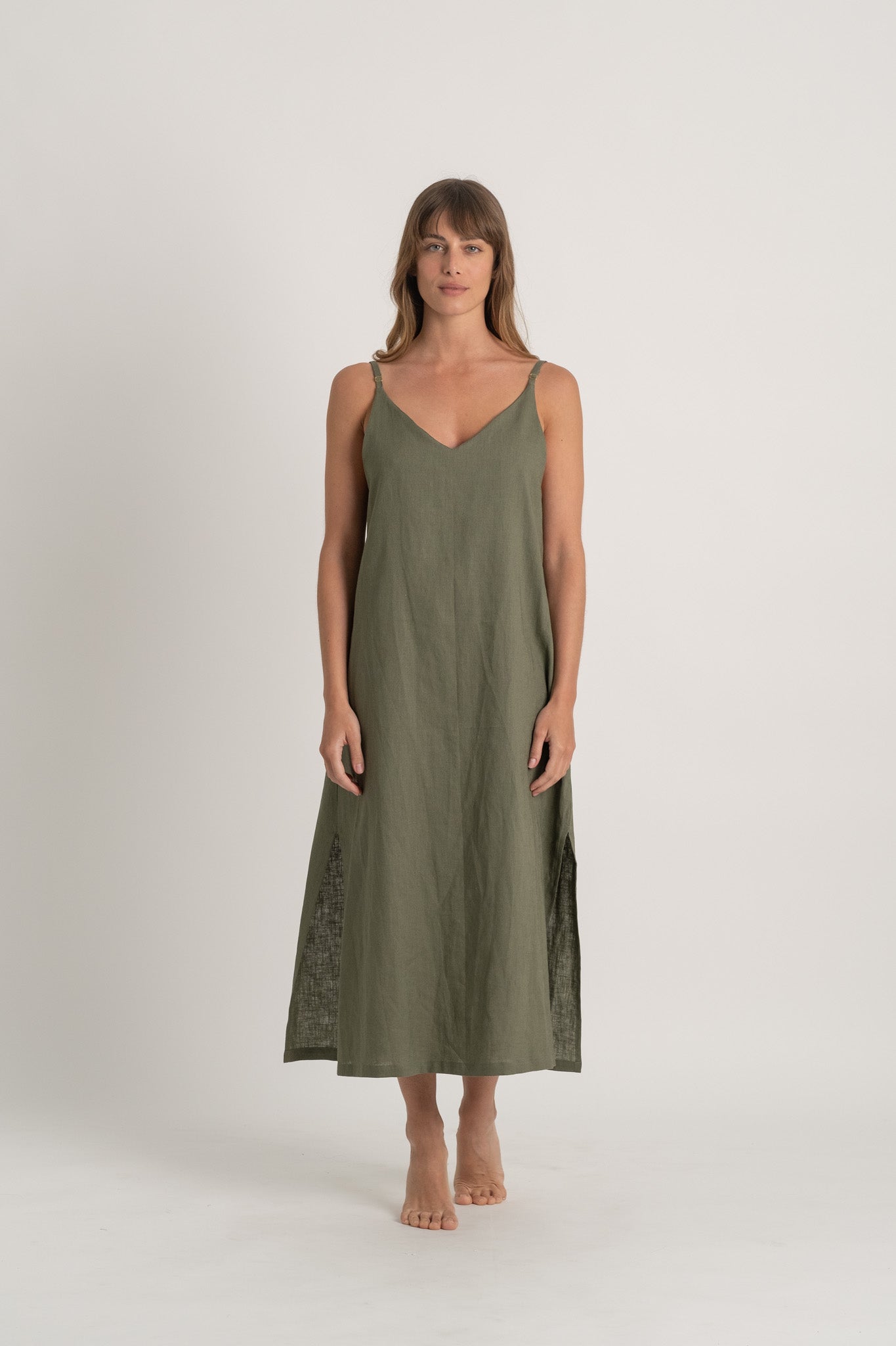 Basique Linen Slip Dress Khaki Luxmii