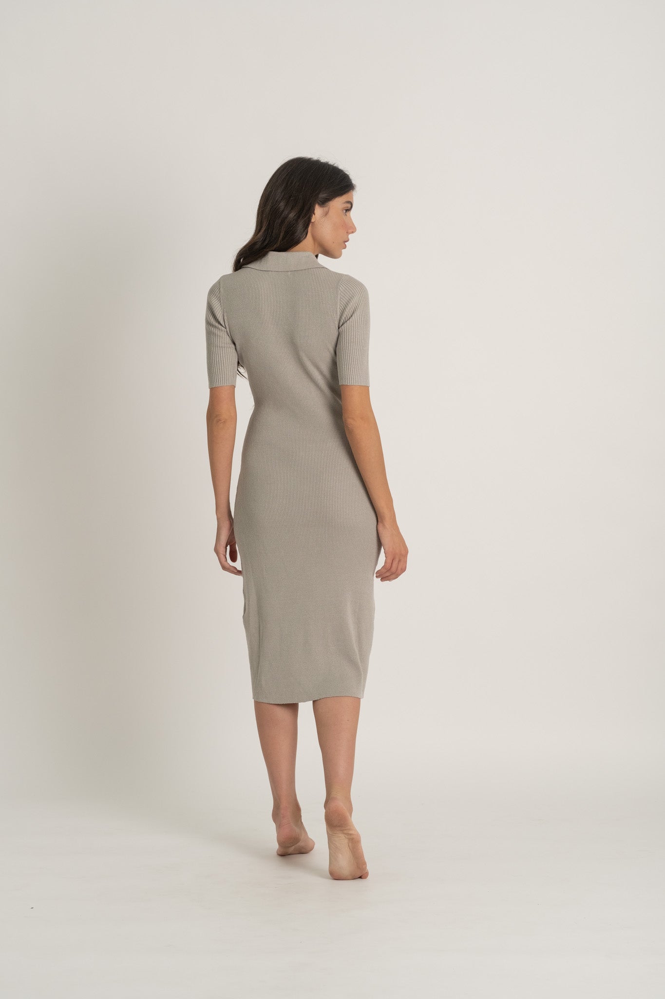 Copy of Ribbed Linen Midi Polo Dress in Pebbly Grey Luxmii