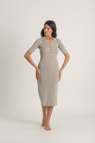 Copy of Ribbed Linen Midi Polo Dress in Pebbly Grey Luxmii