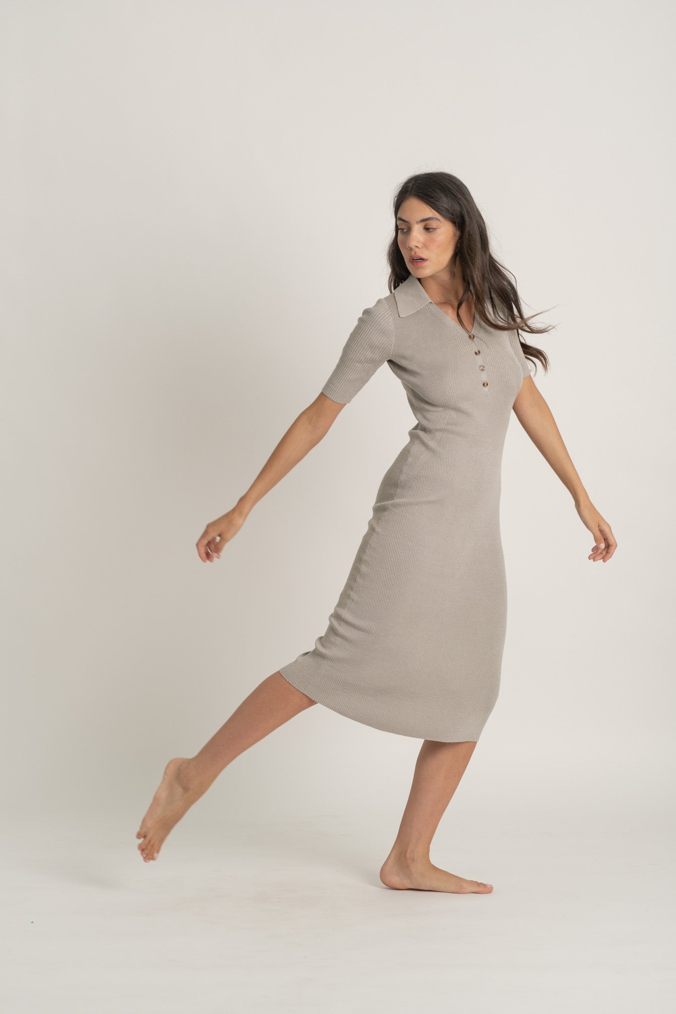 Copy of Ribbed Linen Midi Polo Dress in Pebbly Grey Luxmii