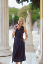 Cora Linen Wrap Dress Navy Luxmii