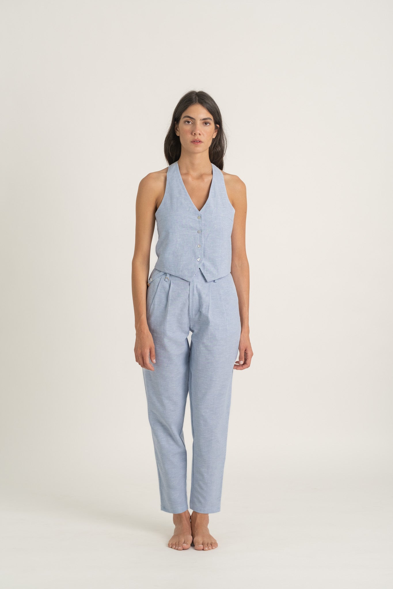 Figurati Linen Gilet Top Sky Blue Luxmii