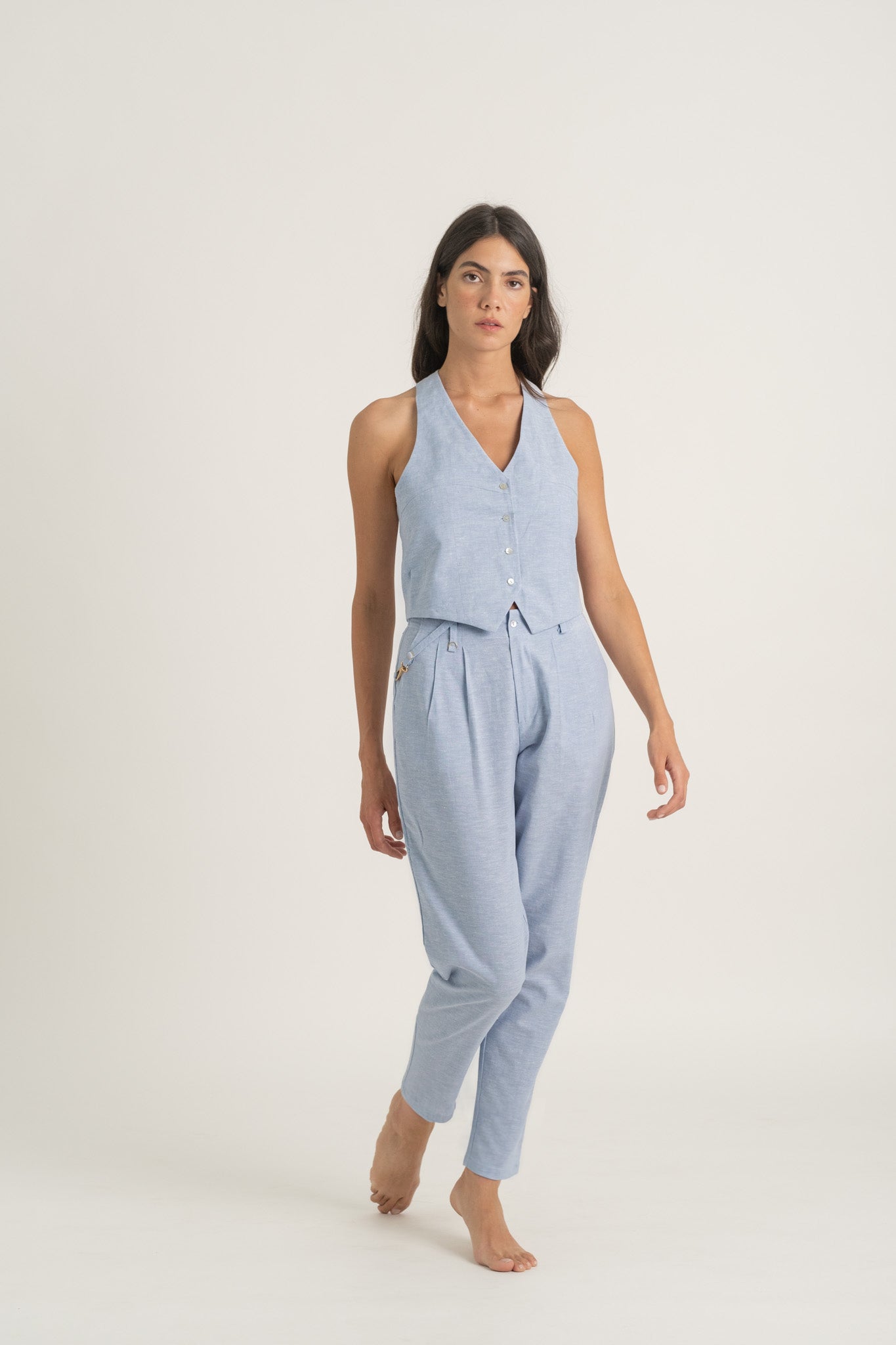 Figurati Linen Gilet Top Sky Blue Luxmii