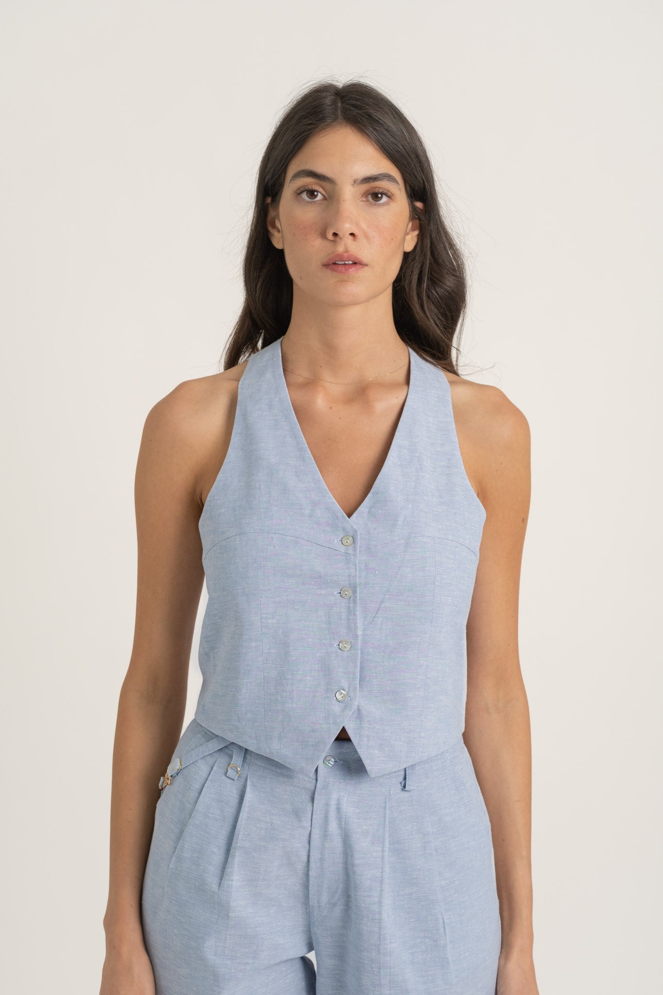 Figurati Linen Gilet Top Sky Blue Luxmii