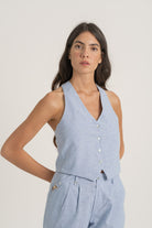 Figurati Linen Gilet Top Sky Blue Luxmii