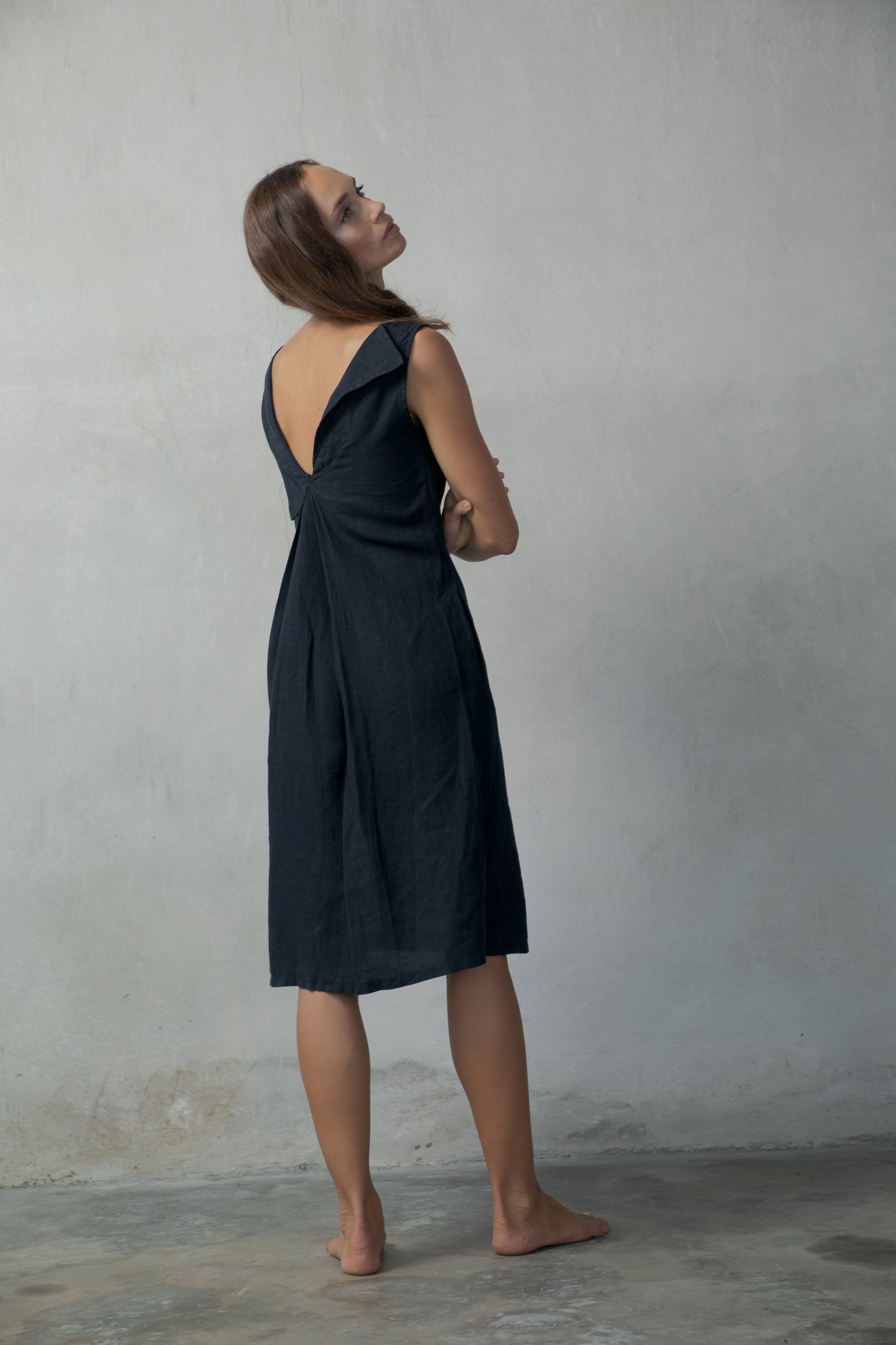 L'origami Linen Slip Dress Navy Luxmii