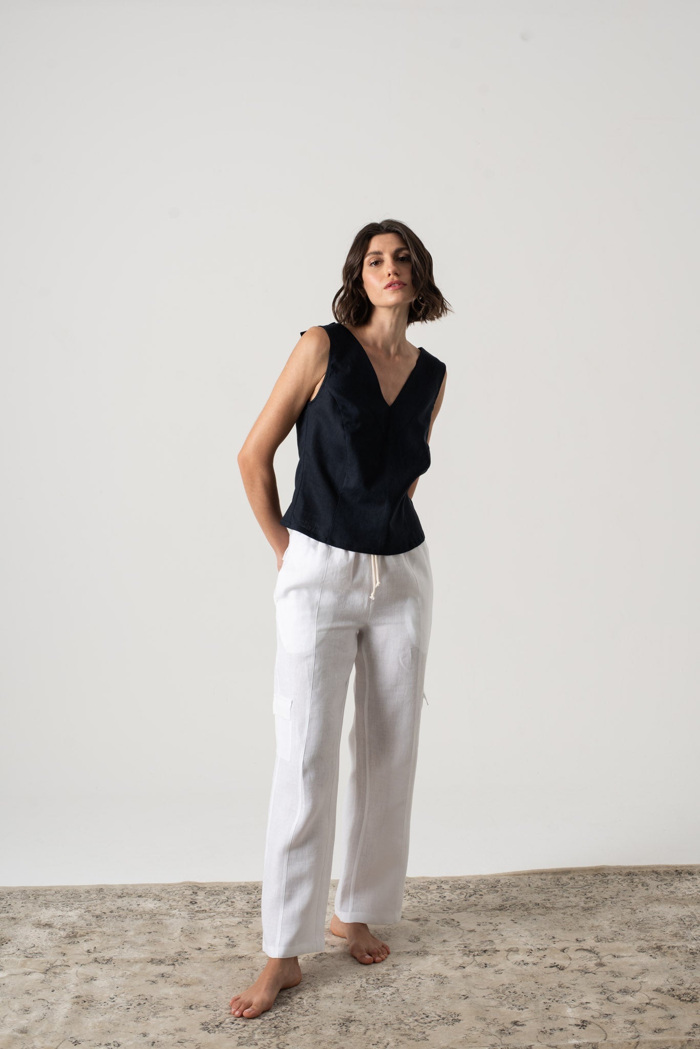 L'origami Linen Top Navy Luxmii