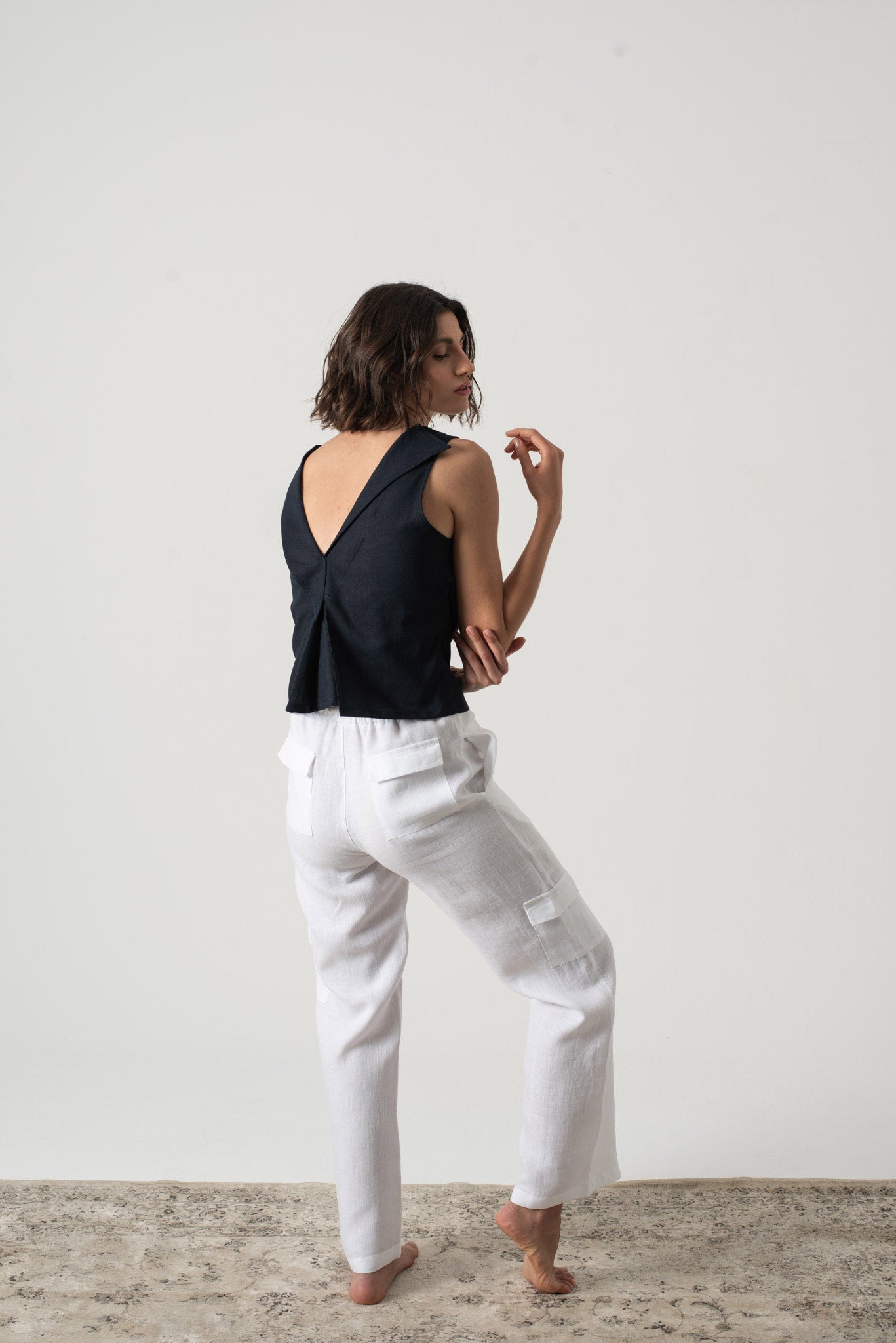 L'origami Linen Top Navy Luxmii