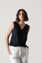 L'origami Linen Top Navy Luxmii