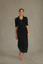 Linen Ribbed Midi Polo Dress in Black Luxmii