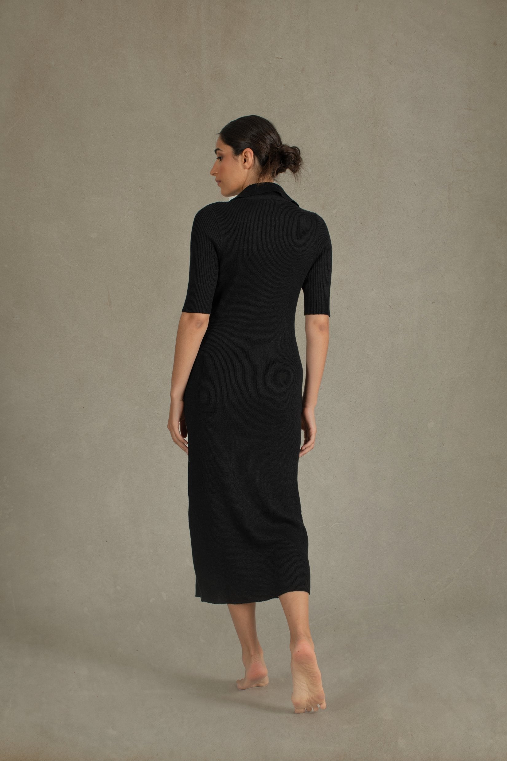 Linen Ribbed Midi Polo Dress in Black Luxmii