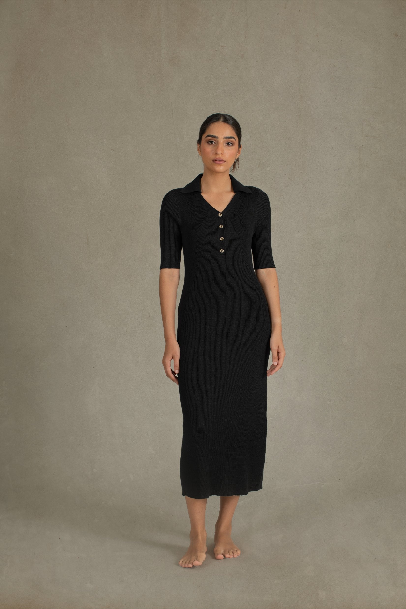 Linen Ribbed Midi Polo Dress in Black Luxmii