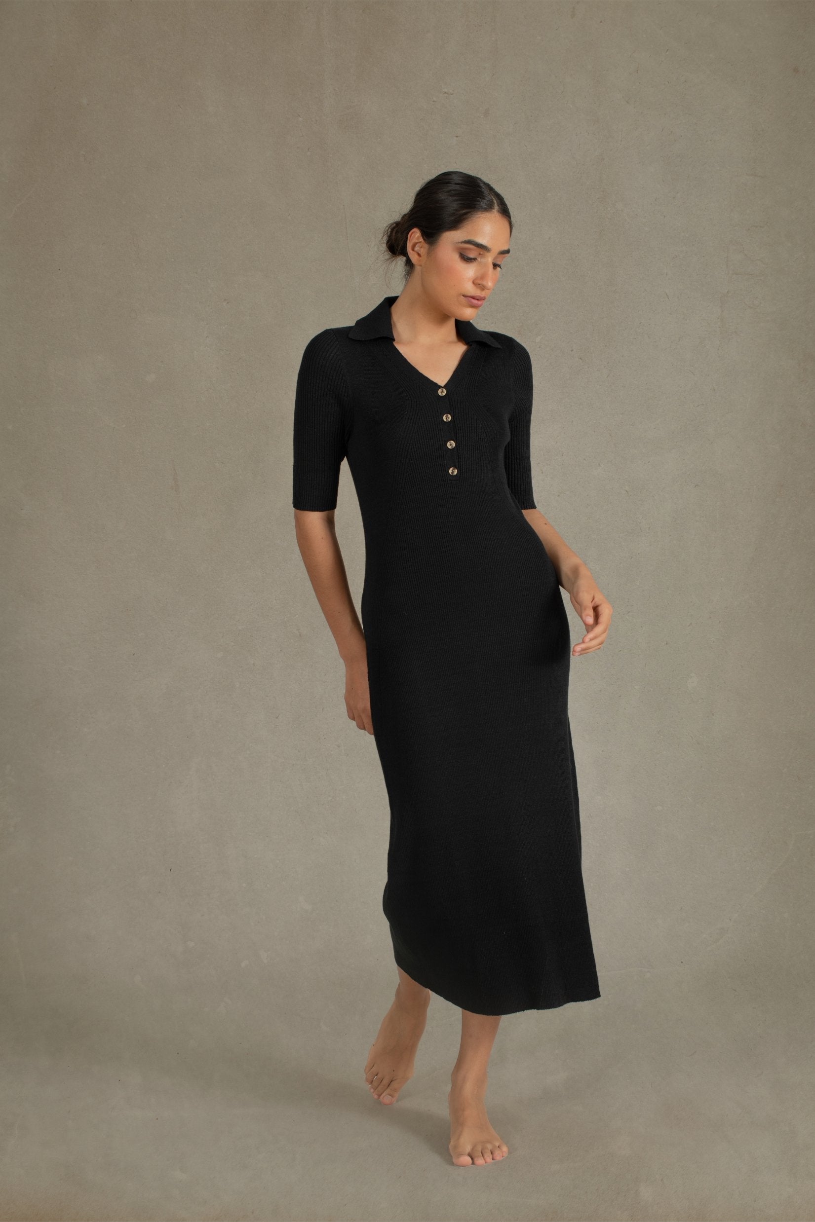 Linen Ribbed Midi Polo Dress in Black Luxmii