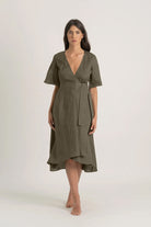 Meraki Linen Wrap Dress Khaki Luxmii