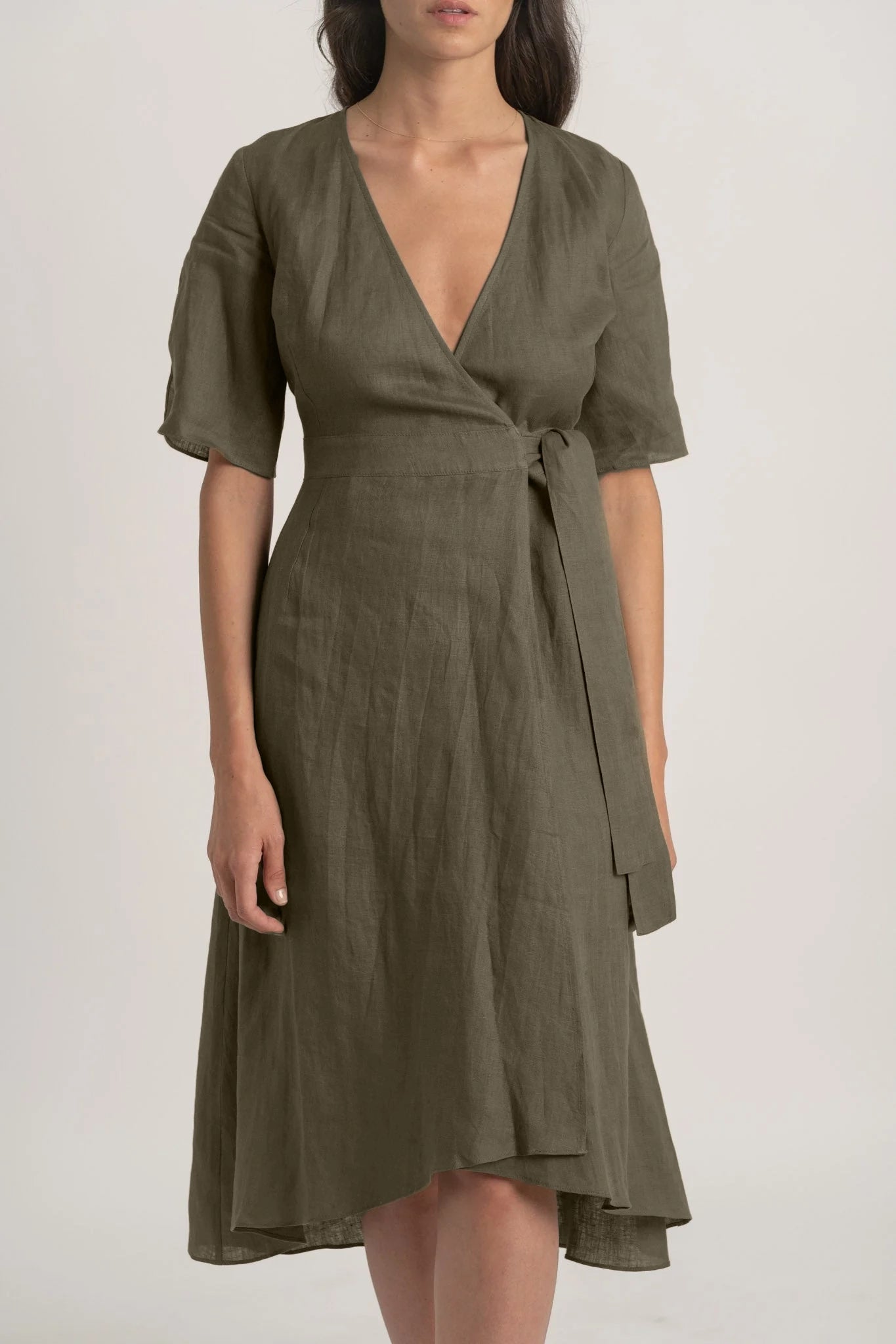 Meraki Linen Wrap Dress Khaki Luxmii