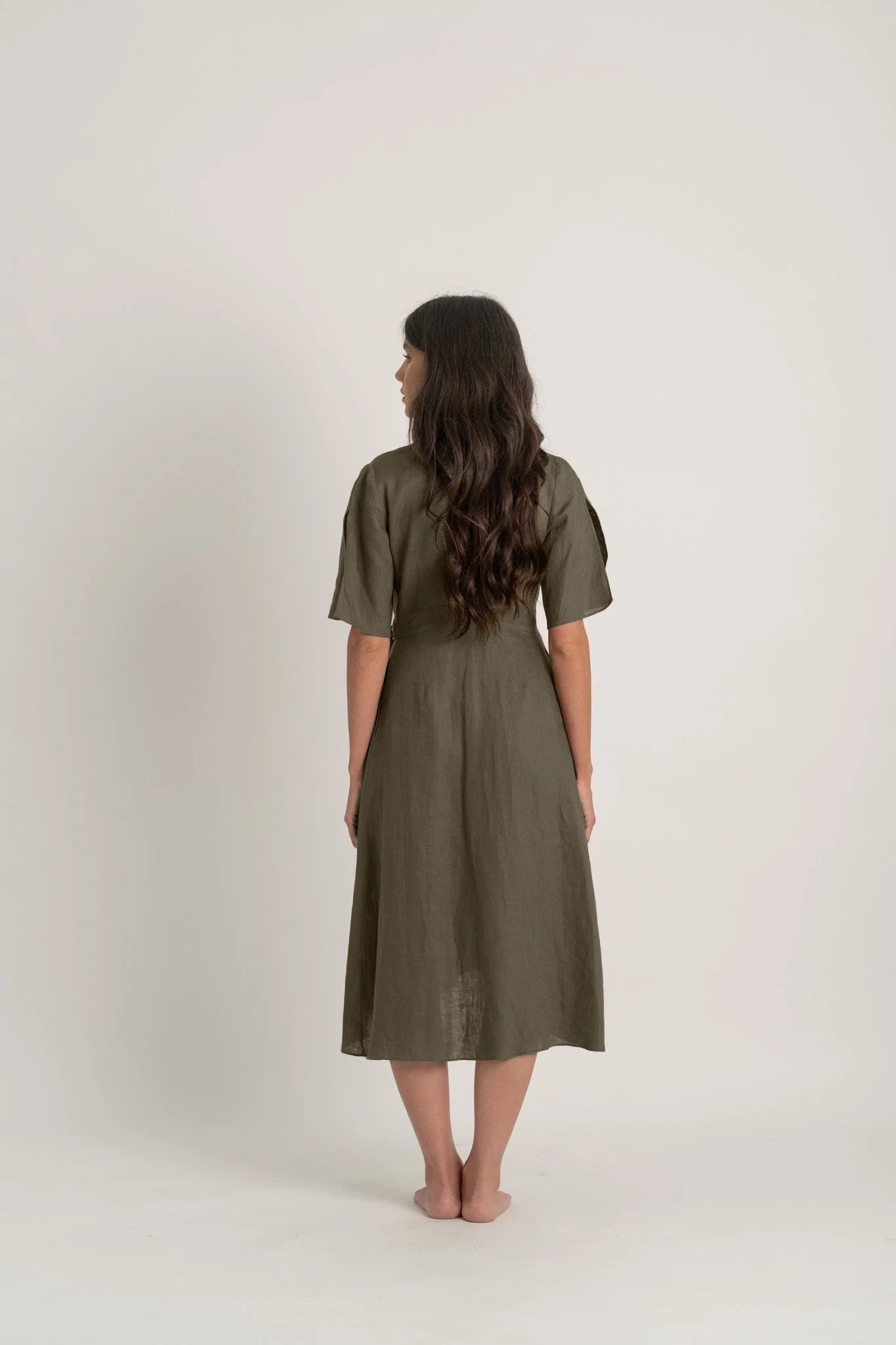 Meraki Linen Wrap Dress Khaki Luxmii