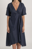 Meraki Linen Wrap Dress Navy Luxmii