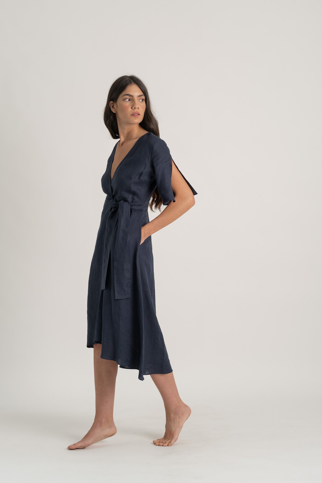 Meraki Linen Wrap Dress Navy Luxmii