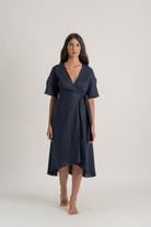 Meraki Linen Wrap Dress Navy Luxmii