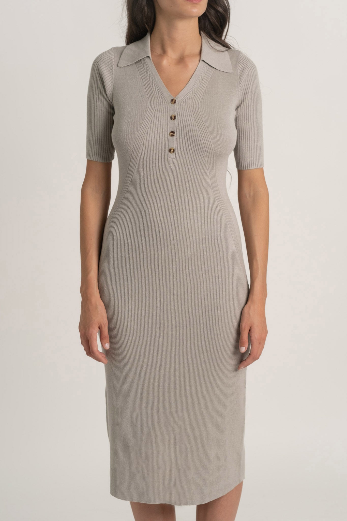 Ribbed Linen Midi Polo Dress in Pebbly Grey Luxmii