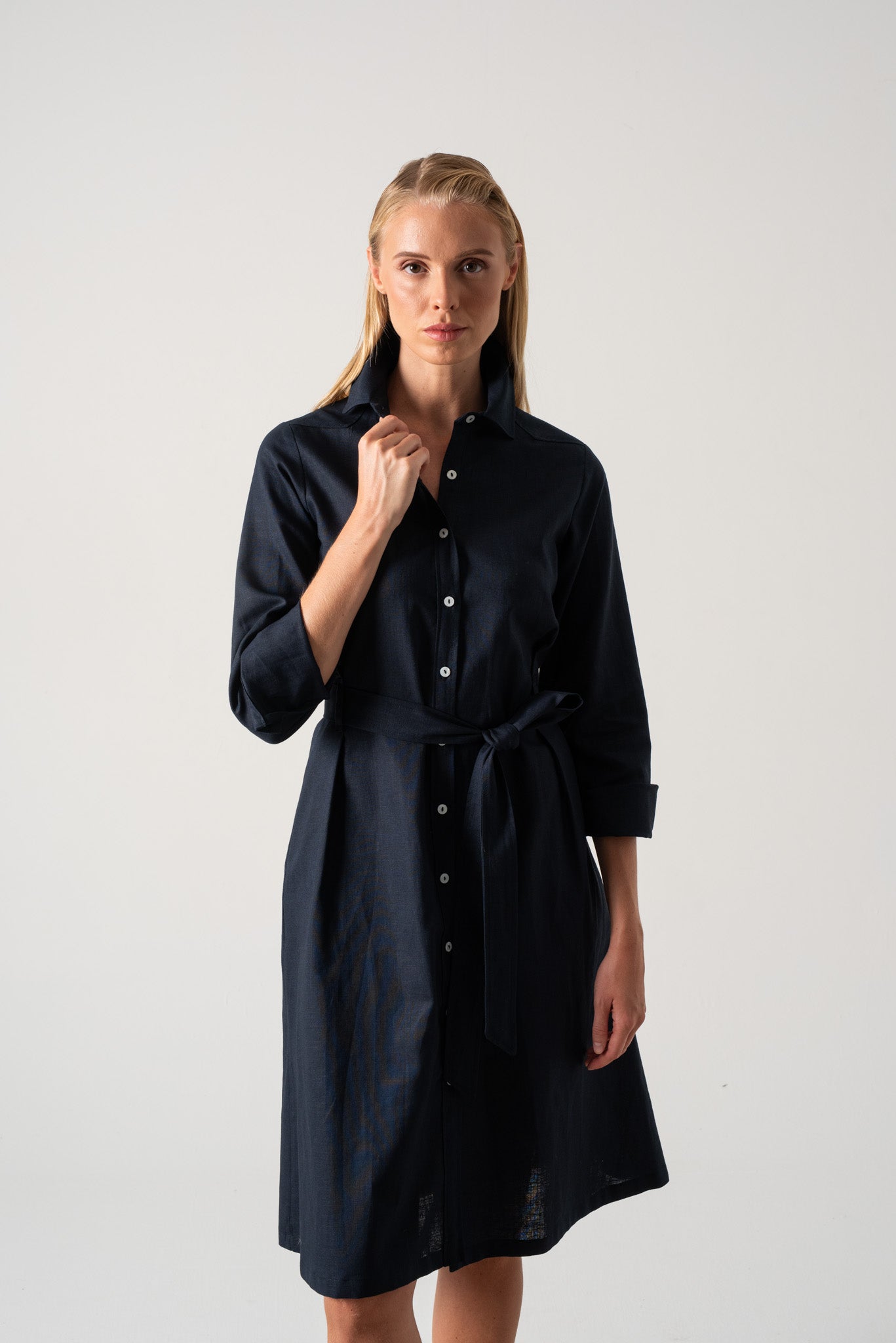 Rumi Linen Shirt Dress Navy Luxmii