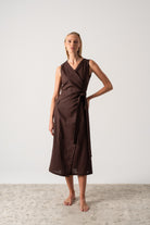 Safari Linen Wrap Dress Brown Espresso Luxmii