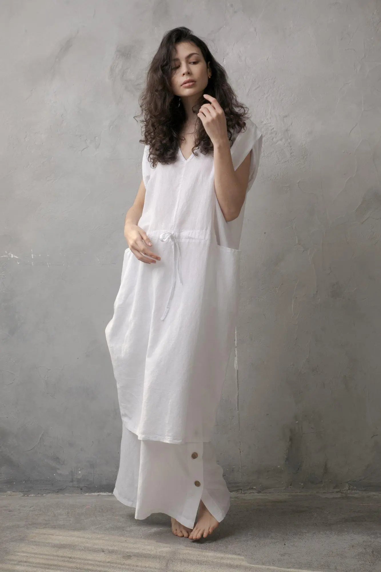 Hera Drawstring Linen Dress White - Luxmii