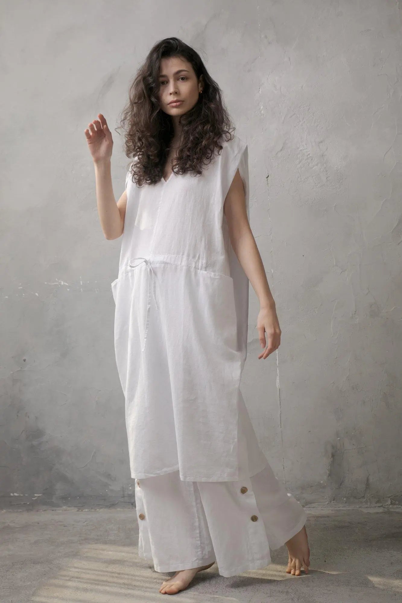 Hera Drawstring Linen Dress White - Luxmii