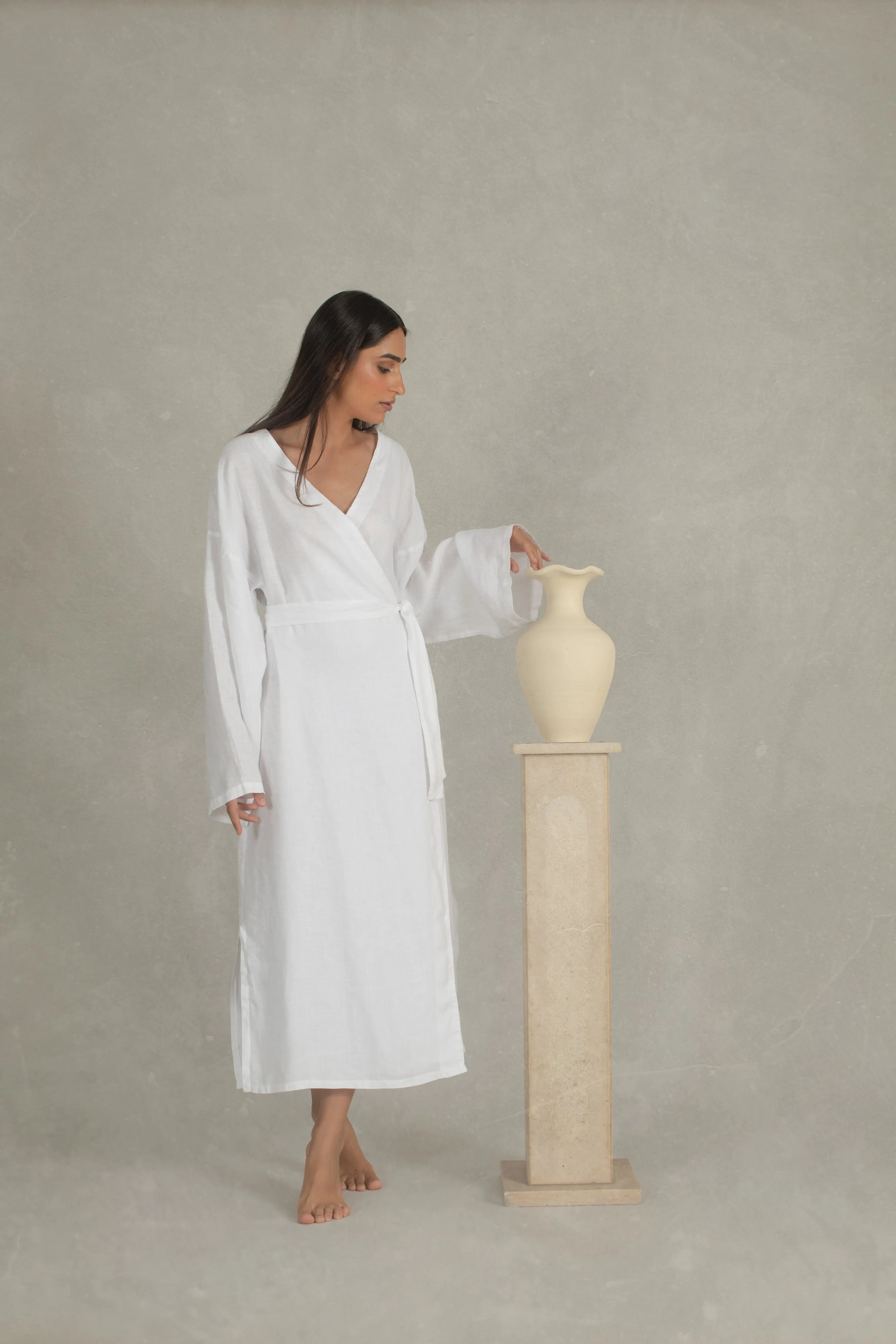 Vida Linen Wrap Dress White Luxmii